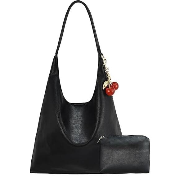 Black Vegan Faux Leather Slouchy Hobo Handbag Pouch Set Classic Minimalist Boho - Picture 1 of 4